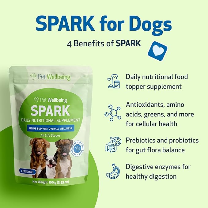 Pet Wellbeing Spark Daily Nutritional Greens Superfood for Dogs & Cats - Probiotics, Prebiotics, Digestive Enzymes, Amino Acids, Antioxidants, Vitamin D, Spirulina - Vet-Formulated 3.53 oz (100 g)
