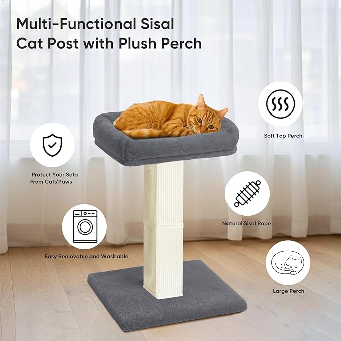 AGYM Cat Scratching Post, 32”Cat Scratcher with Large Plush Perch, Sisal & Carpet Scratching Post, Vertical Posts with Elevated Bed for Indoor Cats, Removable& Washable Cover, Grey