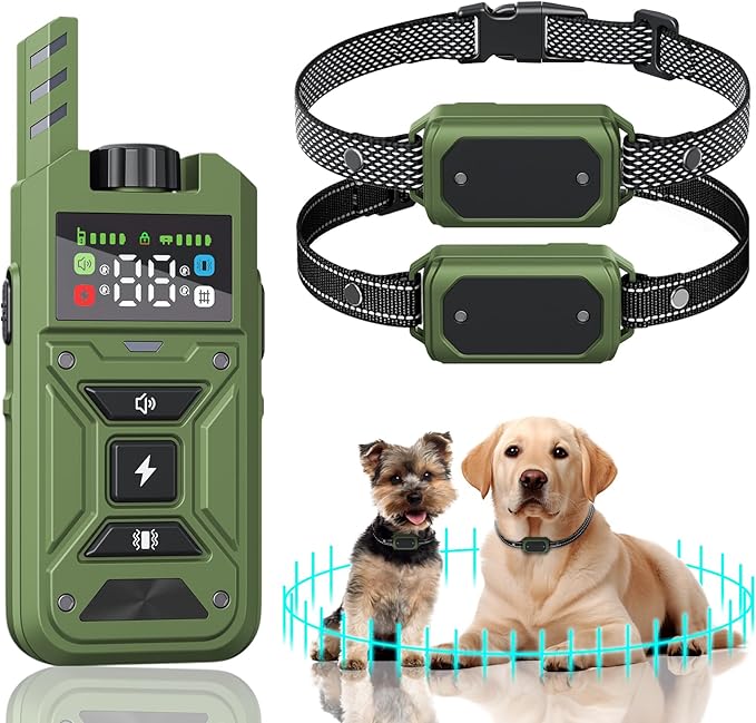 Wireless Dog Fence & Training Collar – Waterproof Electric Fence System with Remote, Pet Containment, Adjustable Range 33–1000ft, Safe Shock/Vibration/Beep Modes (Green with 2 Collars)