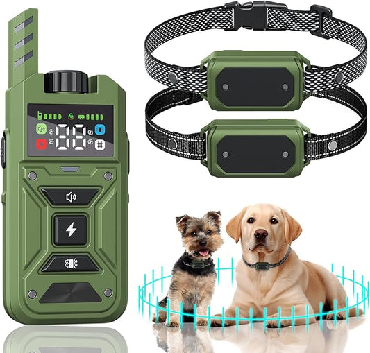 Wireless Dog Fence & Training Collar – Waterproof Electric Fence System with Remote, Pet Containment, Adjustable Range 33–1000ft, Safe Shock/Vibration/Beep Modes (Green with 2 Collars)