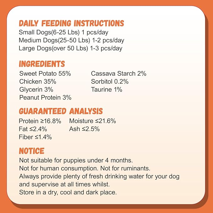 Chicken Jerky Wrapped Sweet Potato Dog Treats w/Taurine, Healthy Dog Snacks Low Fat High Protein, Chewy Training Rewards Treats for Small Medium Large Breeds,10.6oz, 13-17 Counts