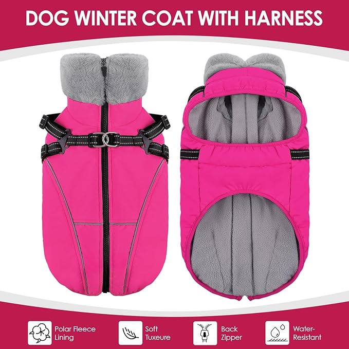 AOFITEE Dog Coat, Waterproof Dog Jacket with Harness Built in, Dogs Coats for Lage Dogs, Warm Fleece Zipped Pet Puffer Jacket, Outdoor Cold Weather Coats Pet Snowsuit for French Bulldog, Pink L