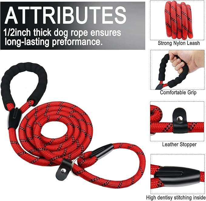 Slip Lead Dog Leash, 6 FT Heavy Duty Dog Leashes, Durable Training Rope Slip Leash with Comfortable Padded Handle and Highly Reflective Threads for Small Medium and Large Dogs, (Red)