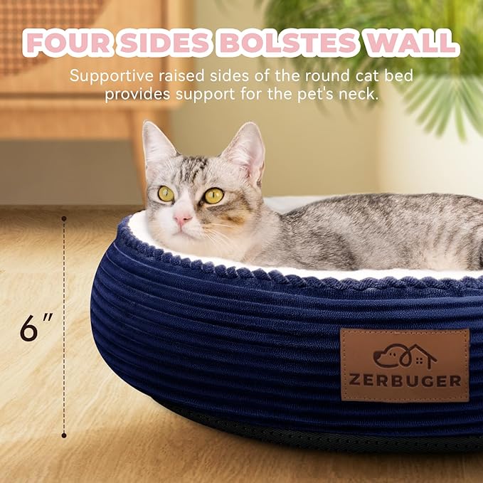 20in Washable Cat Beds for Indoor Cats - Round Donut Pet Bed for Cats, Small Dogs, Puppy, Kitten - Anti-Slip Bottom, Calming Bed Gift - Navy Blue