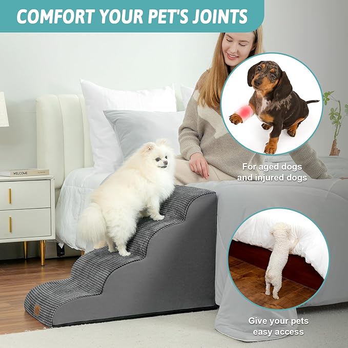 Dog Stairs for Small Dogs 19.7" H, Curved Dog Step for Puppy, Older or Cat, Medium Pet Ramp for Sofa, Couch or Bed, Ladder with High Density Foam, 4 Step, 15.7x28.3x19.7 inch, Charcoal Grey