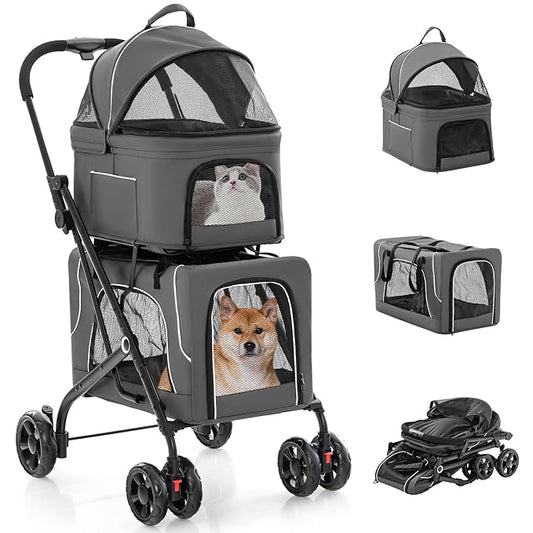 Giantex Double Dog Stroller for 2 Dogs, Detachable Carriers, Safety Belt, 4 Lockable Wheels, Pet Travel Carrier Strolling Cart, Folding Cat Stroller for Small Medium Pets Dogs (Gray)