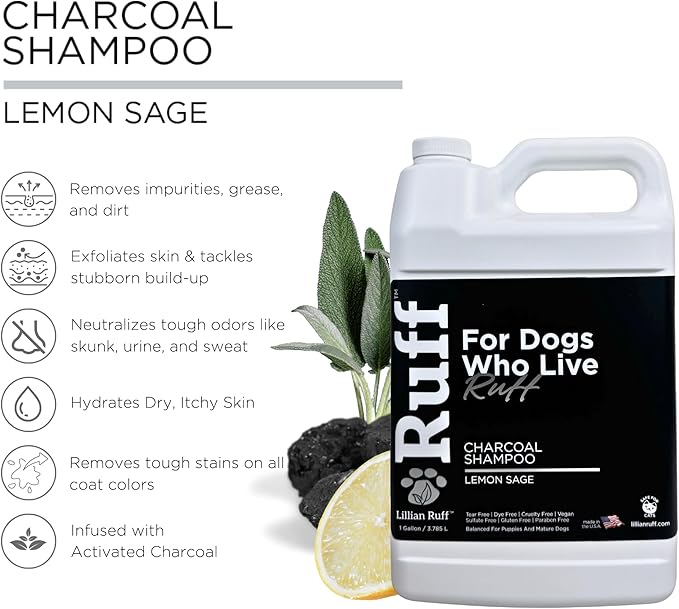 Ruff by Lillian Ruff Activated Charcoal Pet Shampoo – Lemon Sage – Deep Cleanser, Deodorizer & Stain Remover – Hydrates Dry Itchy Skin – Puppy & Dog Safe – USA Made (Gallon)