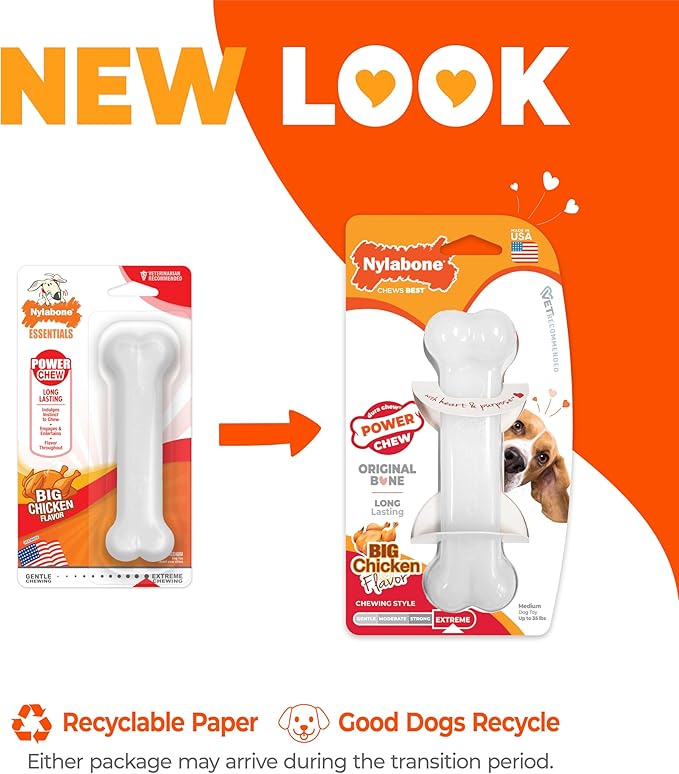 Nylabone Original Bone Power Chew Toy for Dogs, Durable & Tough Dog Toys for Aggressive Chewers, Chicken Flavor, Medium - Up to 35 lbs, 1 Count