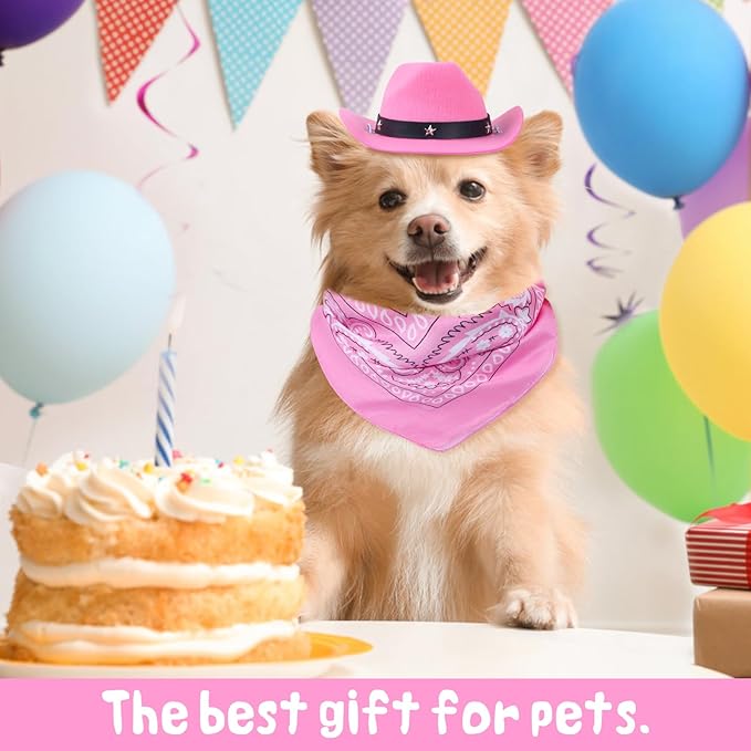 Yewong Pet Cowboy Costume Accessories Dog Cat Pet Size Cowboy Hat and Bandana Scarf West Cowboy Accessories for Puppy Kitten Party Festival and Daily Wearing Set of 2 (Pink)