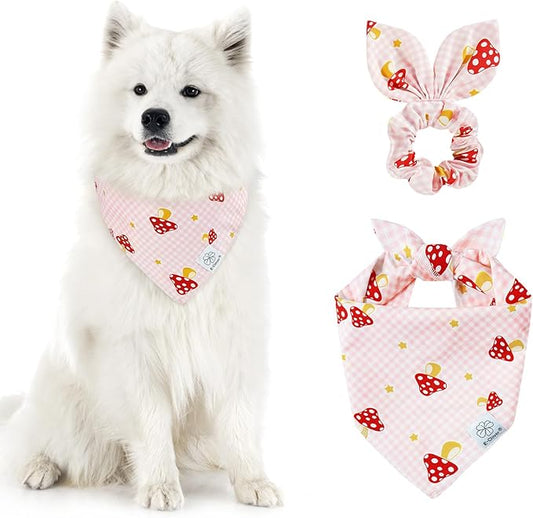 E-Clover Pink Buffalo Plaid Dog Bandanas & Matching Scrunchie Set Cute Dog Scarf Bibs Girl Pet Bandana with Bow Tie for Medium Large Dogs Owner Mom