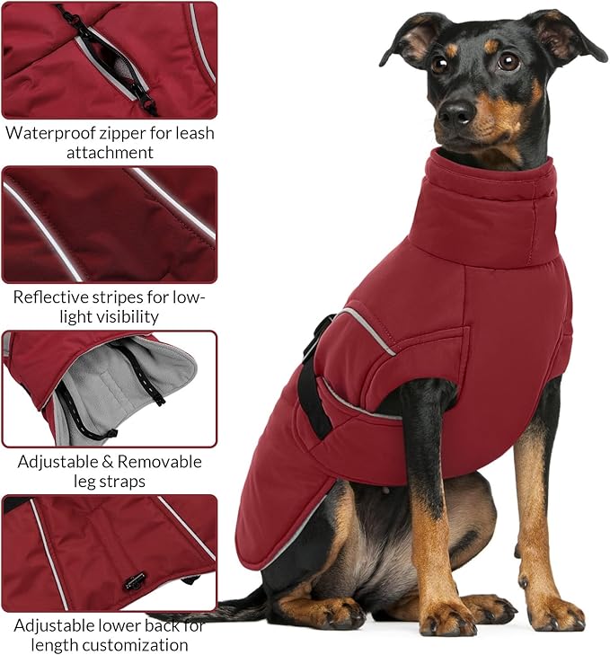 Queenmore XXL Dog Coat, Winter Jacket for Large Dogs, Waterproof Puffy Snowsuit, Adjustable Reflective Fleece Lining Warm Padding Parka for Cold Weather, Red 3XL