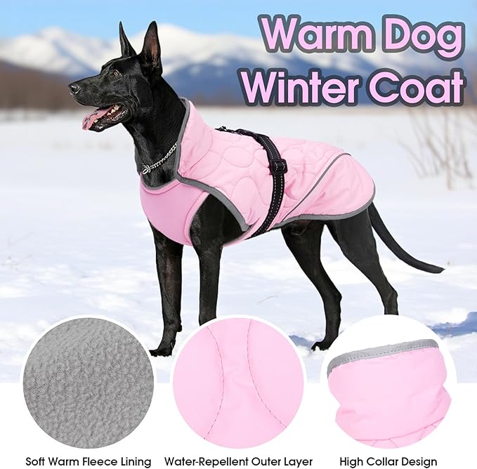 IDOMIK Dog Winter Jacket, Adjustable Waterproof Dog Warm Coat with Fleece Lining, Turtleneck Windproof Cold Weather Coats for Winter, Reflective Warm Snow Jacket for Schnauzer French Bulldog,Pink,M