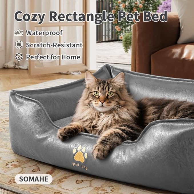 Premium Leather Cat Bed for Indoor Cats Premium Small Dog Bed Pet Nest with Anti-Slip Base Ultra Soft Texture for Comfortable Rest 24 × 18 × 9 inch Grey