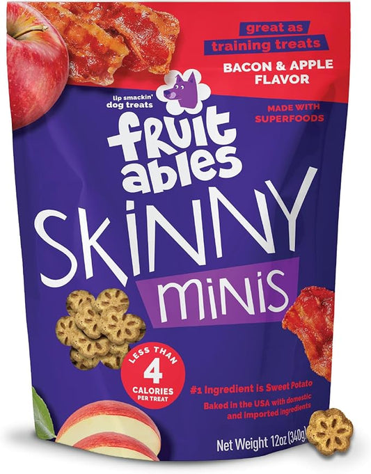 Fruitables Skinny Mini Dog Treats, Healthy Sweet Potato Treat for Dogs, Low Calorie & Delicious, Puppy Training, No Wheat, Corn or Soy, Made in the USA, Bacon and Apple Flavor, 12oz