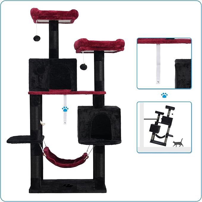 Hey-brother Gothic Large Multi-Level Cat Tree Condo Furniture with Sisal-Covered Scratching Posts, 2 Bigger Plush Condos, Perch Hammock for Kittens, Cats and Pets, Black and Red MPJ020BR