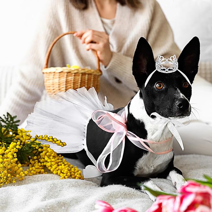 2 Pcs Dog Crown Headband Dog Tutu Dress Set Crystal Rhinestone Tiara Crown Tutu Skirt Pet Dress Costume for Puppy Birthday Party Wedding Photo Prop Costume(Small,White)