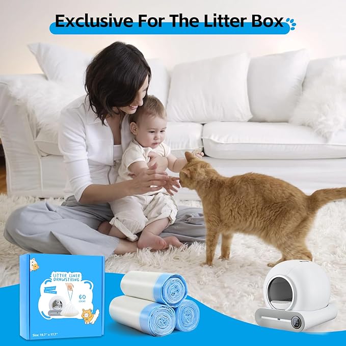 60 Count Self Cleaning Cat Litter Box Liners Bag Compatible with MeoWant MW-SC01,MW-SC02, Drawstring Heavy Duty Kitty Litter Receptacles Bags Fit For Automatic Cat Litter Box-17.7" x 19.7"