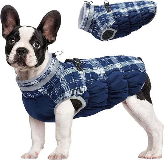 FUAMEY Dog Coat for Medium Dogs,Waterproof Dog Winter Jacket with Harness Built in Puppy Cold Weather Coats Reflective Pet Vest with Zipper Warm Fleece Dogs Snowsuit Windproof Blue Plaid M
