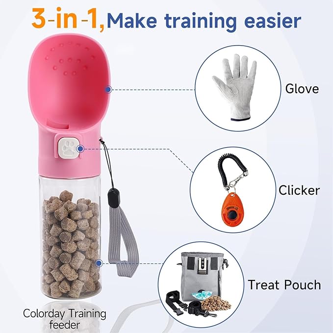 Colorday Handheld Dog Treat Dispenser Built-in Clicker & Treat Pouch, Slow Feeder for Walking Hiking Traveling Puppy Training (10 OZ, Pink)