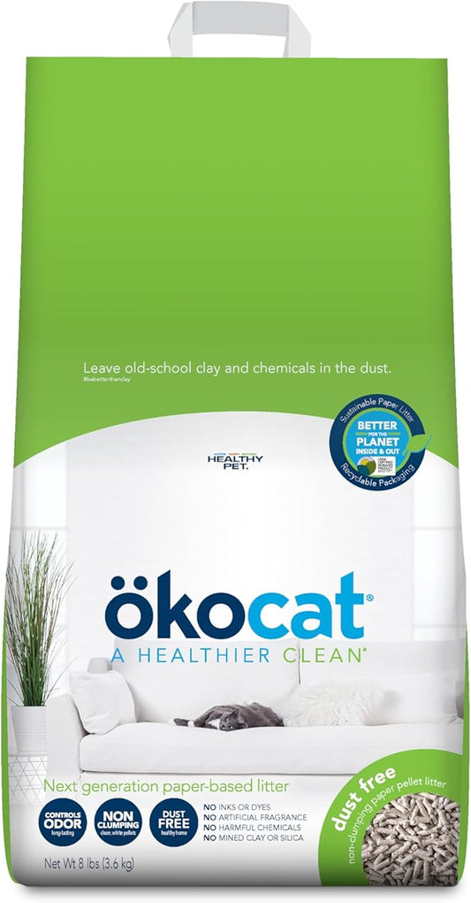 ökocat Dust Free Non-Clumping Paper Pellet Cat Litter, Unscented, 8 pounds - Natural Ingredients, Controls Odor, Dust Free, Great for Homes with Allergies, Postsurgical Needs