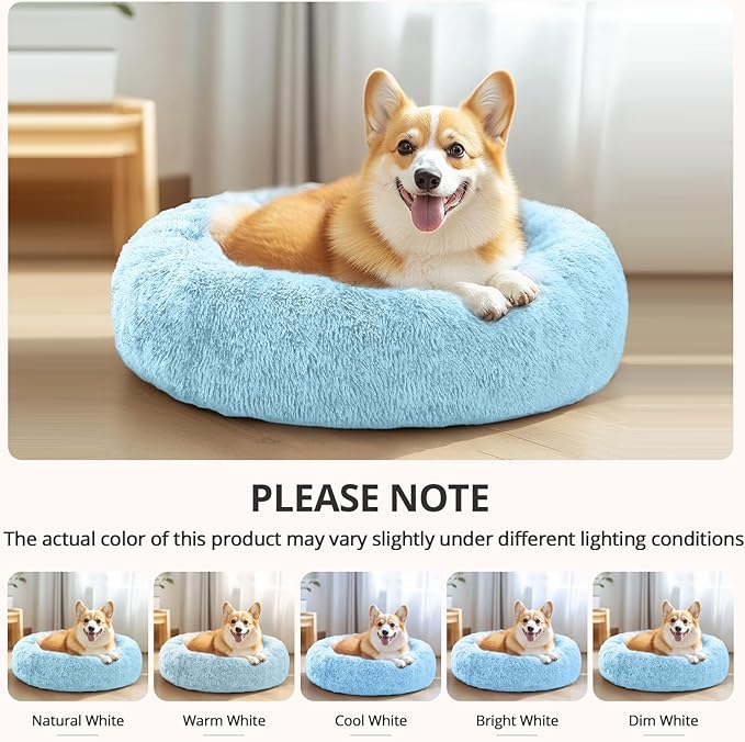 JOLLYVOGUE Medium Calming Dog Bed, Anti-Anxiety Donut Cuddler Cat Bed with Anti-Slip Bottom, Fluffy Faux Fur Machine Washable Pet Cushion for Medium Large Dog & Cat (31")