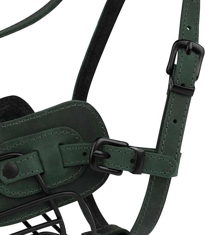 OOPSDOGGY Metal Pitbull Dog Muzzle Reflective Leather Mask Secure Wire Basket Muzzle for Large Sized Dogs Amstaff Soft Cage Muzzle to Prevent Biting Chewing with Adjustable Straps (Green, Pitbull)