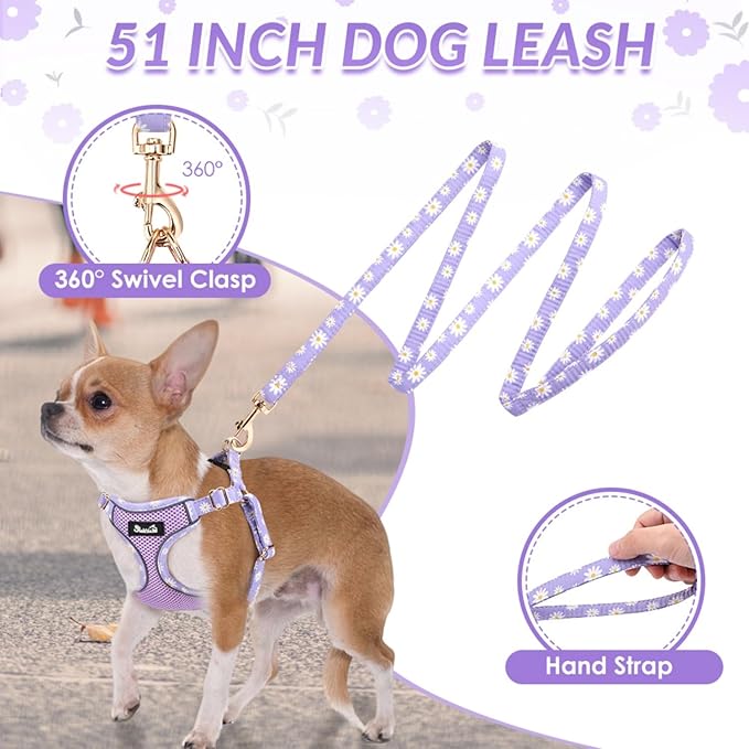 SlowTon Small Dog Harness - No Pull Dog Harness and Leash Set, Soft Mesh Lightweight Puppy Vest Harnesses, Adjustable Pet Harnesses for XXS XS Small Medium Easy Walk Hiking (Purple, XS)