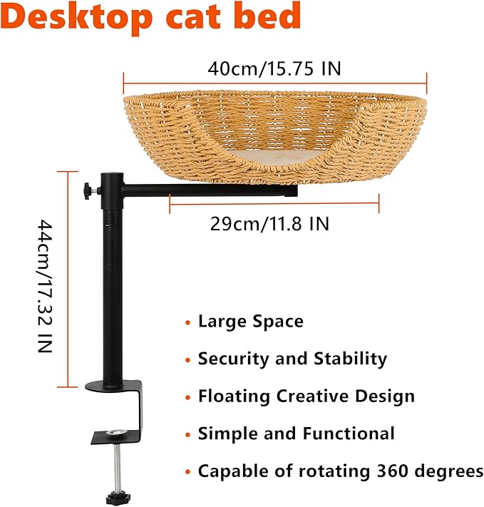 Dollate Cat Desk Bed,Paper Rope Material,Height Adjustable and 360°Rotating,Suitable for Cats up to 45 pounds,Cat Furniture for Office Desks,Game Tables