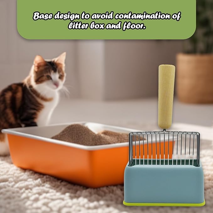 Cat Scooper for Litter Box with Holder,Kitty Litter Scoop Metal Fast Sifting Kitten Poop Shovel Stainless Steel Heavy Duty Cat Pan Scooper with Wood Handle（Blue）