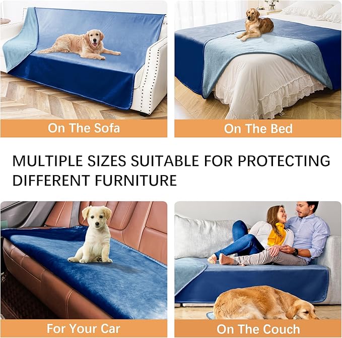 Waterproof Blanket for Bed Protection, Washable Dog Blankets for Couch, Soft Reversible Pet Throw Furniture Protector Cover for Sofa-82"x120",Navy Blue+Stone Blue