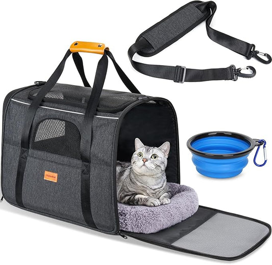 Morpilot Cat Carrier - Soft Sided Cat Carrier Large for Big Medium Cats and Puppy up to 18lbs, Pet Carrier with Safety Zippers, Foldable Bowl, Airline Approved Large Dog Carrier - Dark Gray