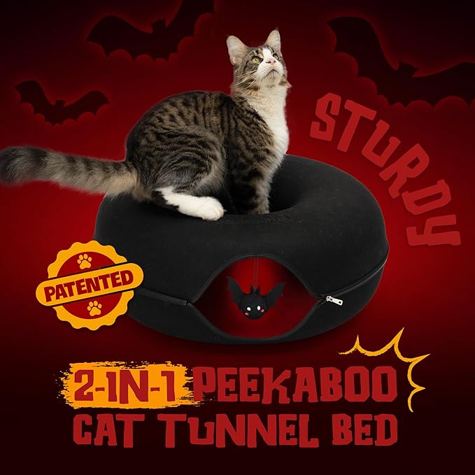 Cattasaurus Halloween Peekaboo Cat Cave, Extra Spacious for Multiple & Large Cats 15+ lbs, Scratch Detachable Cat Beds for Indoor Cats, Washable Tunnel Bed, Comfy Cat Donut Tunnel (Gothic Bat, Jumbo)