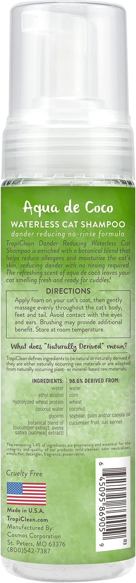 TropiClean No Rinse Waterless Cat Shampoo | Dandruff Treatment | Moisturizing Dry Shampoo for Dry Skin | USA Made | Aqua de Coco Scent | 7.4oz.