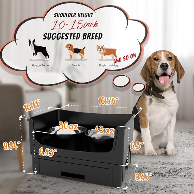Mess Proof Raised Dog Bowls,Elevated Dog Bowl Stand Set 2 Stainless Steel Food Bowls,Splash Water Collection Non-Slip Medium Sized Feeding Table
