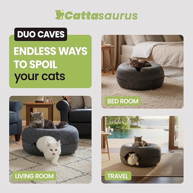 CATTASAURUS Peekaboo Cat Cave for Multiple & Large Cats Up to 30-45 Lbs, Scratch Detachable & Washable Tunnel Bed, Comfy Donut Cat Cave (Dark Gray + Dark Gray, Large)
