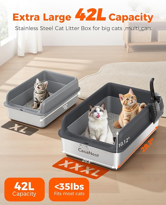 XXXL Stainless Steel Cat Litter Box with Lid 28.1''×20.5''× 10.1” Extra Large Metal Cat Litter Box for Big, Multi Cats, Anti-Leakage & Non-Stick Metal Pan, Easy to Clean, Durable (Black