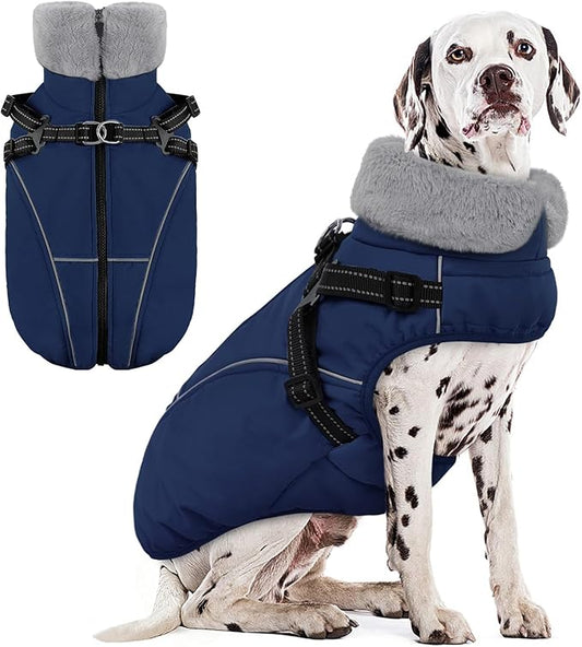 AOFITEE Dog Coat for Large Dogs, Waterproof Dog Jacket Winter with Harness Built in, Warm Fleece Pet Puffer Jacket with Zipper, Cold Weather Coats for Dogs, Reflective Pet Snowsuit, Blue XXL