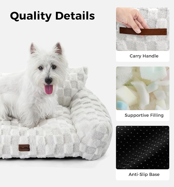 MADE 4 PETS Dog Couch Bed, Soft Faux Fur Checkered Indoor Pet Sofa, Comfortable Fluffy Dog Sofa with Supportive Foam, Removable Washable Cover with Non-Slip Base, White, Large