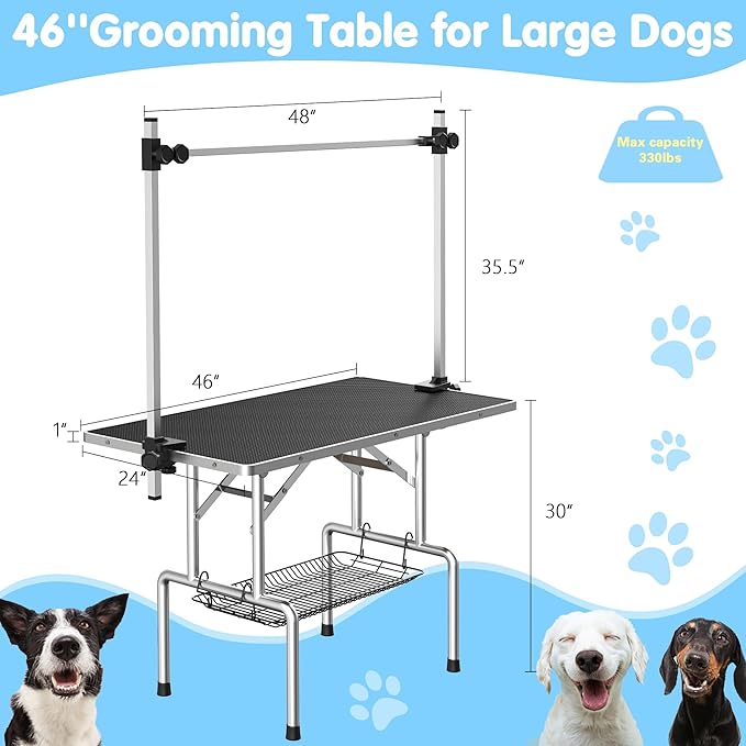 46''Large Dog Grooming Table, Adjustable Cat Drying Desktop with Arms, Nooses, Mesh Tray, Foldable Pet Station at Home, Maximum Capacity Up to 330Lb, 46inch, Black, 46in
