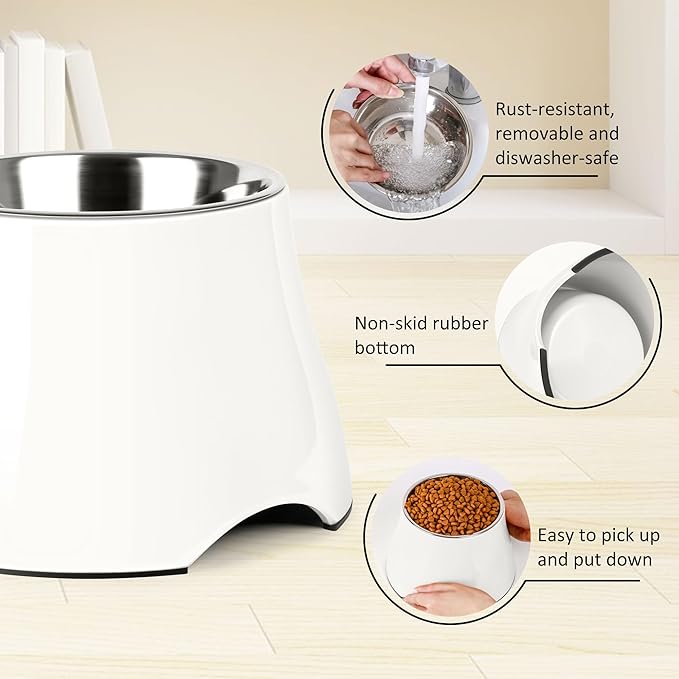 Dog Bowls,Cone Friendly Non Slip Single Dog Bowl with Stainless Steel Inner, Raised Bowls for Small Dogs Spaniel Dogs Long Ear, High Capacity, M/2 Cup White