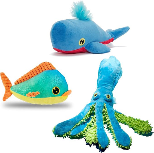 Barkbox Under The Sea Bundle - 3 Toys for Medium and Large Dogs - Squeaky Dog Toy, Tug Toy, Plush Chew Toys - Maggie Mahi, Shify Sid The Squid, Moby Lick