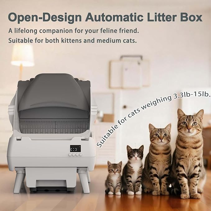 Automatic Cat Litter Box Self Cleaning - App Control, Open-Design, Smart Health Monitor, Suitable for Medium Cats and Kittens, Anti-Pinch Safety, Quiet Operation, A Trusted Companion for Life - White