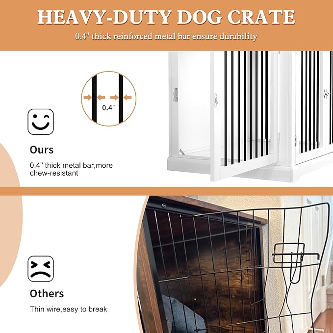 Furniture Style Dog Crate with Cushion, Dog Kennel Medium, Pet Crates, Dog Cage for Small and Medium Dogs, Decorative Dog Kennel with Flip-top Plate, Chew-Proof Metal Bars, White