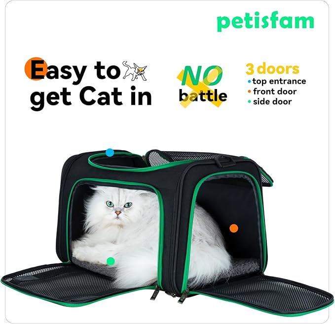 Easy Vet Visit Pet Carrier for Medium Cats and Small Dogs. Safe, Comfortable and Convenient. Airline Approved, Top Loading and Collapsible (Black)
