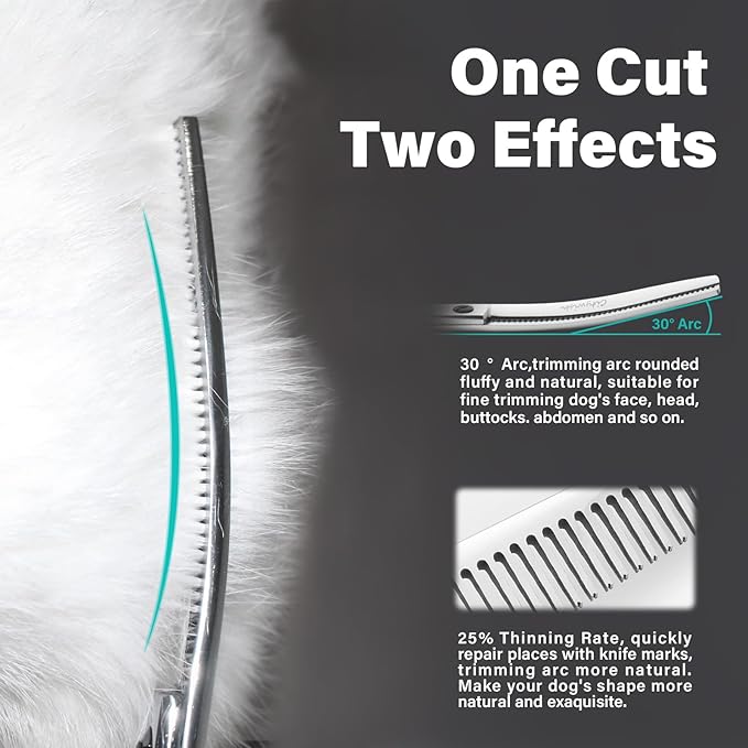 Dog Grooming Scissors,Curved Thinning Scissers and Chunker Shears for Dog Grooming with Safety Round Tips, Sharp and Comfortable 5 in 1 Deg Scissors for Grooming