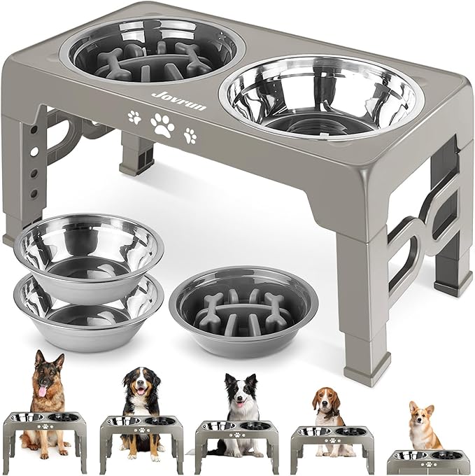Elevated Dog Bowls, Dog Feeder with 2 Stainless Steel Dishes &1 Slow Feeder Bowl, 5 Heights Adjustable Raised Stand for Medium Large, Food Dishes with Non-Slip Feet