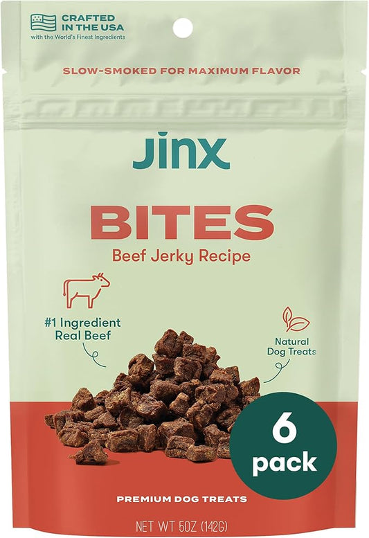 Jinx Beef Bites, Soft Jerky Dog Treats, Bite-Sized Snack, Low-Calorie and Packed with Flavor, Slow-Smoked Real Beef & Liver, No Fillers, 5oz, 6 Pack