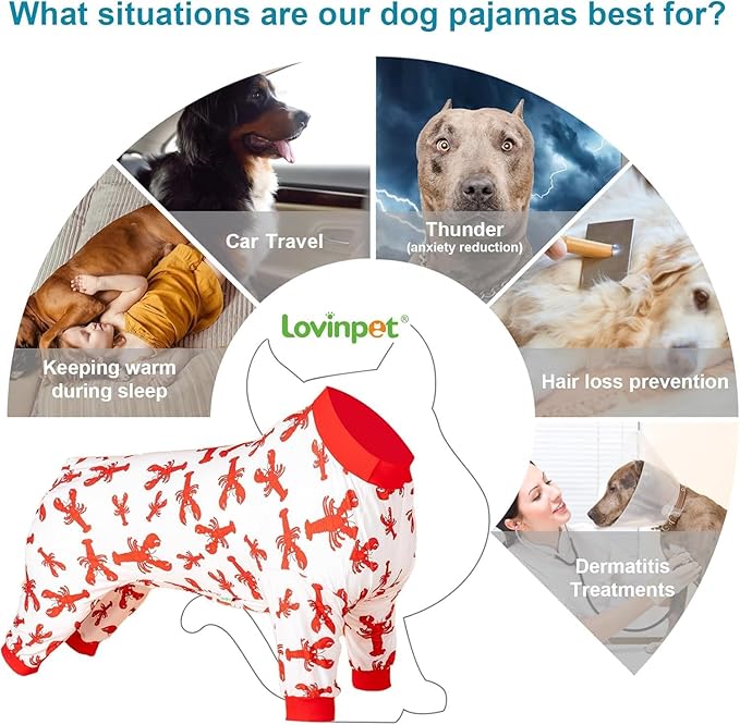 LovinPet Dog Recovery Bodysuit for Medium Dogs, Wound Care Cotton Pullover Dog Pajamas, Cozy Stretchy Fabric, Red Lobster Print, Large Dog Onesie for Surgery Recovery, Pitbull Party Clothes,Medium