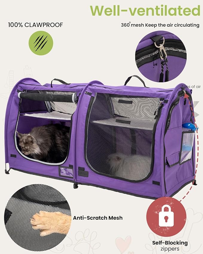 Mispace Portable Twin Compartment Show House Cat Cage/Condo - Easy to Fold & Carry Kennel - Comfy Puppy Home & Dog Travel Crate with Portable Carry Bag/Two Hammocks/Mats and Collapsible Litter Box