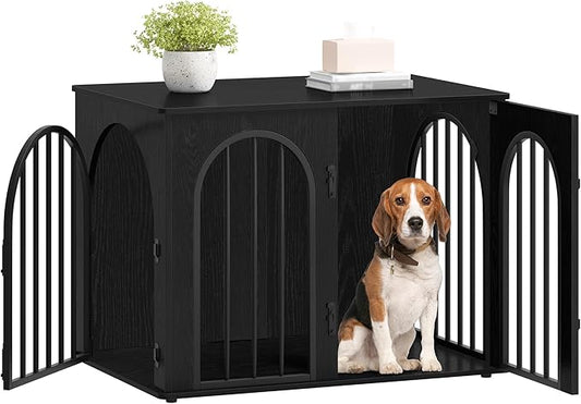 31.5'' Wooden Dog Crate Furniture, Indoor Dog Kennel Dogs Cage for Small/Medium Dogs, Heavy Duty Dog Crates Decorative Pet House End Side Table TV Stand, Black DFC85104B